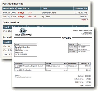 Screenshots of invoicing dashboard and sample invoice
